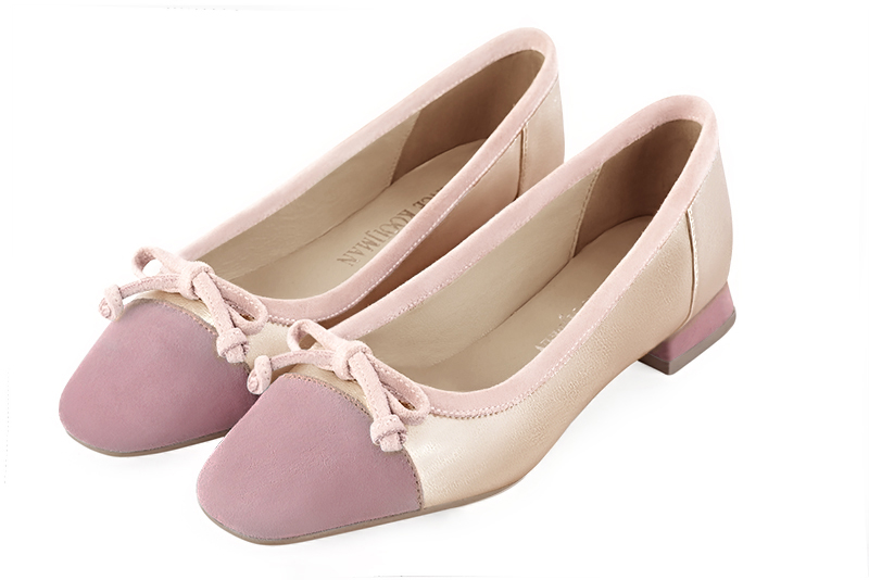 Dusty rose pink and gold ballet pumps with low heels. Square toe. Flat flare heels